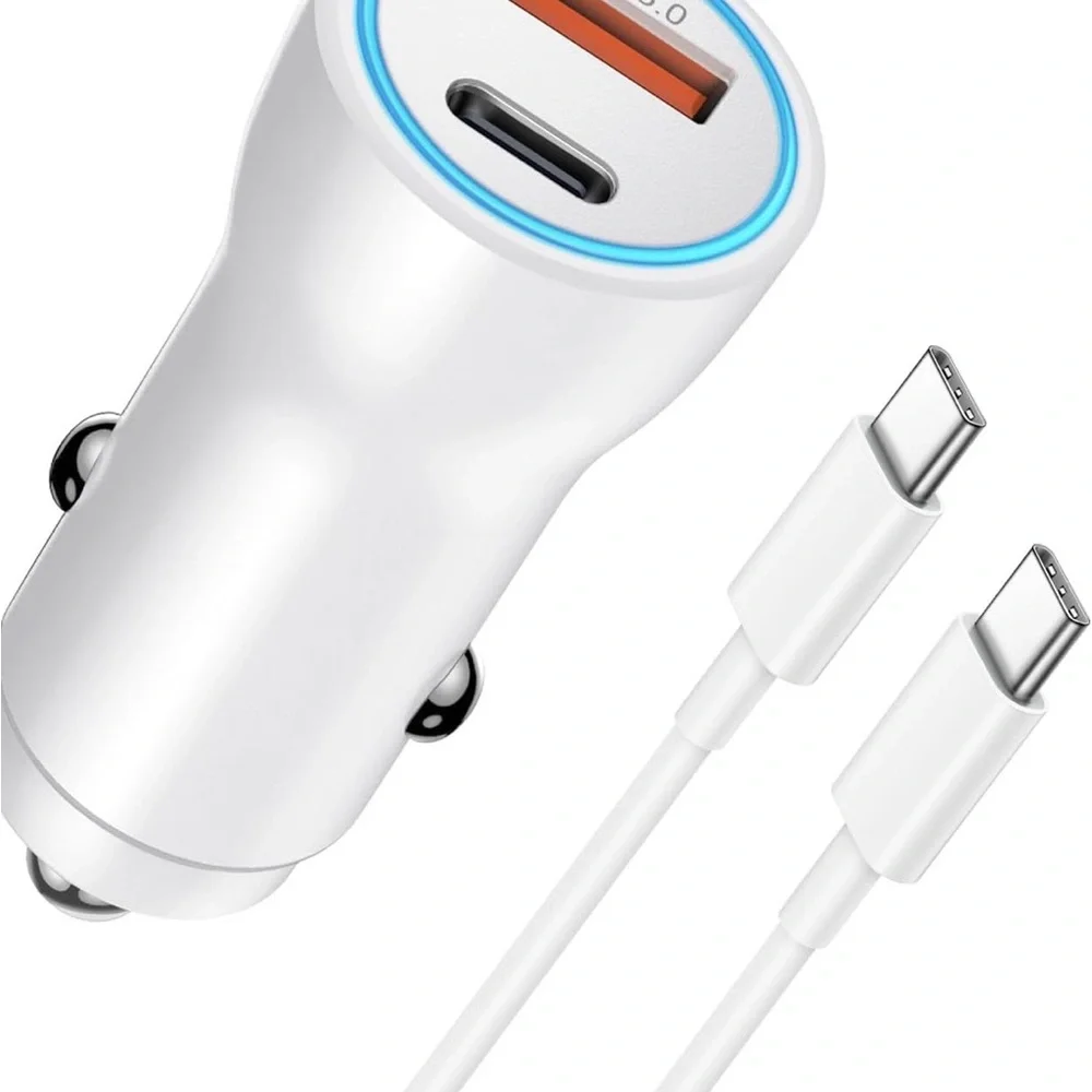 White & Gold 2.4A Car Charger with Sync Cable